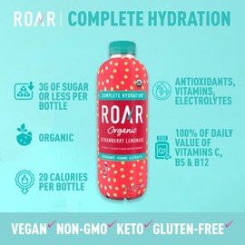 ROAR Complete Hydration Organic - Electrolyte Drinks Loaded with Vitamins C, B5, B12 - Non-GMO, Gluten-Free - Strawberry Lemonade - 12 pc