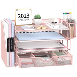 SUPEASY Mesh Desk Organizer, 4 Trays Letter Tray Paper Organizer with File Holder, Desk File Organizer with 1 Extra Drawer & 2 Pen Holders, Paper Sorter with Handle for Office, Pink