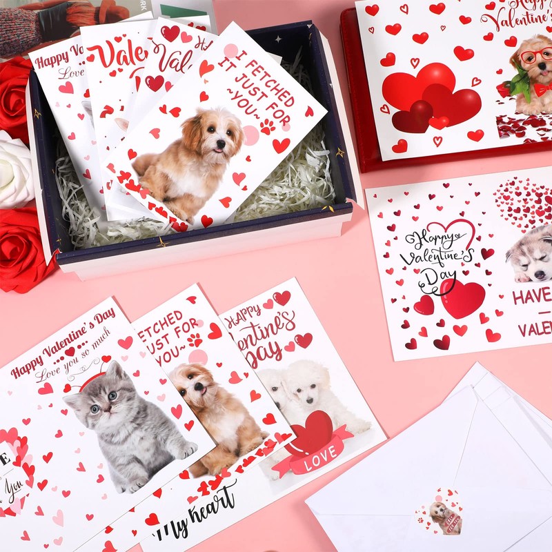 36 Sets Valentines Day Puppy Kitten Cards and Stickers Assortment
