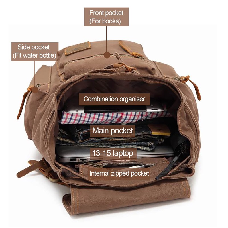 High Capacity Canvas Vintage Backpack - for Hiking Travel 12-15"