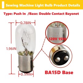 Piumeif (2 PCS) Push in Type Clear Light Bulbs fits for Kenmore Singer Janome Other Old Style Sewing Machine Bulb 15W 120V