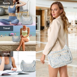 2-Piece Set Women's Small Floral Quilted Crossbody Bag and Tote – Multi-Pocket Shoulder Handbags for Everyday Use, Travel, and Casual Outfits (Light Blue)