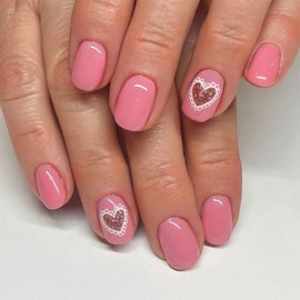 Valentines Press on Nails Short Square Fake Nails Pink False Nails with Honey Heart Glitter Designs Glossy Stick on Nails Glue on Nails Pink Valentines Nails Acrylic Nails for Women Girls 24 Pcs