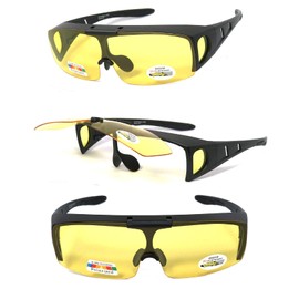 VeryHobby® Polarized FLIP UP FIT OVER Sunglasses Cover Rx Glasses Side Shield (Matte Black Frame/Night Driving Lens)