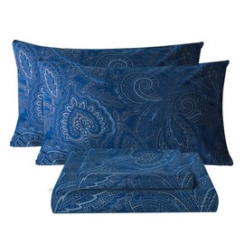 Bedlifes Full Sheet Set Ultra Soft, Breathable, Silky Flower Deep Pocket 100% Microfiber Bedding, 4 Piece Full Size Paisley Dark Navy Blue