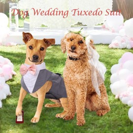 Dog Tuxedo Suit and Bandana Set,Small Medium Large Breeds Dog Wedding Attire Party,Gentle Pet Prince Costume with Detachable Bow Tie Collar,Cat Vest Shirt Dress-up Cosplay Apparel for Special Events