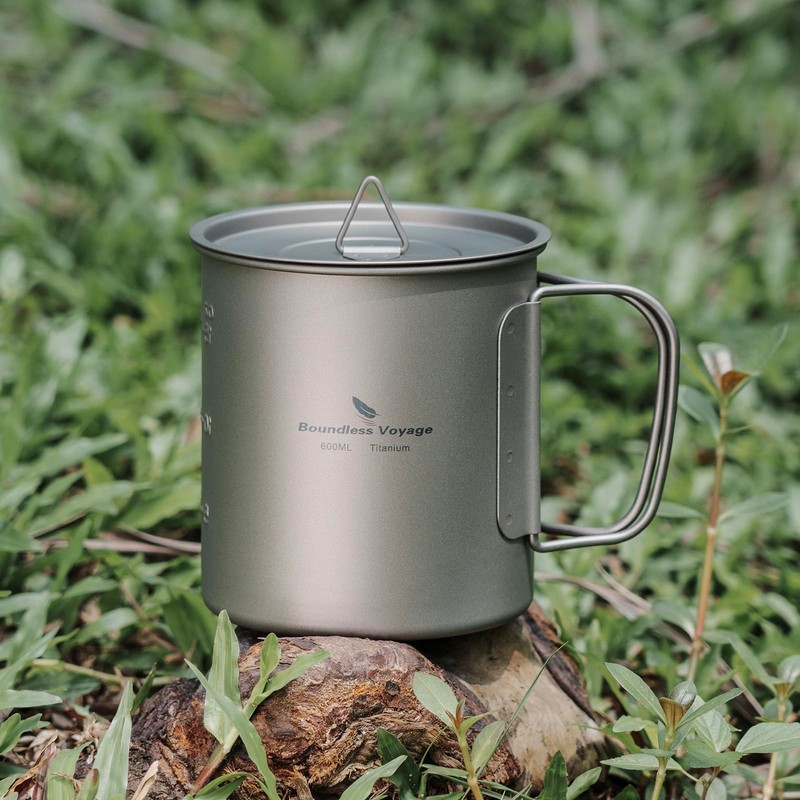 Boundless Voyage Single Walled Titanium Cup with Lid Folding Handle