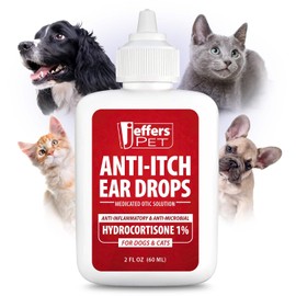 Jeffers Pet Ear Drops for Dogs & Cats – Ear Cleaner with Hydrocortisone – Dropper for Wax, Odor, Itchy Ears, Ear Hygiene, Home Grooming, Routine Ear Care, Safe Pet Drops – 2 fl oz