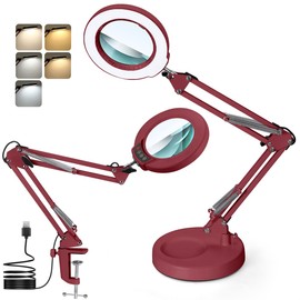 MagnieOpti 10X Magnifying Glass with Light and Stand, Real Glass Lens Desk Lamp, Lighted Magnifier with Light Stepless Dimming Hands Free for Craft, Reading, Painting, Sewing, Solder - Red