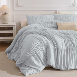 Masaca Oversized King Comforter 128x120,3 Pieces Ruched Light Blue Ruffle Comforter Set Lightweight Luxury Farmhouse Shabby Extra Large King Size Bedding for All Season