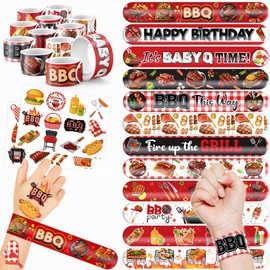 48 BBQ 24PCS BBQ Temporary Tattoos Sticker 24PCS Slap Bracelets Perfect for Themed Birthday Party Favors Baby Showers or Classroom Rewards Ideal Decor and Gifts for Girls and Boys
