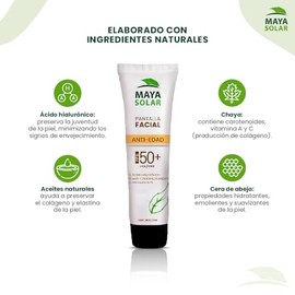 Protector Solar Facial Anti-edad Maya Solar FPS 50+ (50 ml) | Con Ácido Hialurónico | No Grasoso y Rápida Absorción | Previene Manchas y Fotoenvejecimiento | Biodegradable