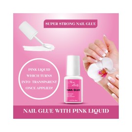 Super Strong Cheri Lady Nail Glue for Press On Nails, Acrylic Nails, Fake Nails, and Tips Nails Long Lasting (8ML) Brush On Tip Applicator. Non-Acid Formula with Pink Liquid Qucik Dry