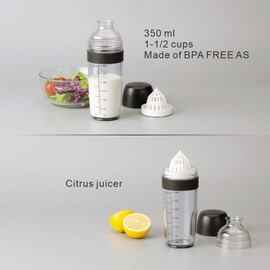 KITCHENDAO Salad Dressing Container 2 in 1, Salad Dressing Shaker with Citrus Juicer, 12OZ Homemade Sauce Bottle, BPA Free, Black