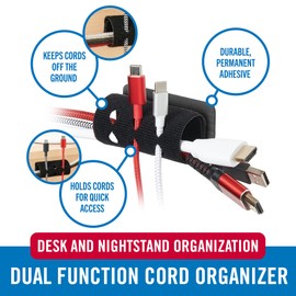 VELCRO Brand Cord Organizer for Desk Cable Management, Nightstand Organization, Unique Dual Function Cable Sleeve Cord Keepers Combo, Holds Wires for Easy Access, Route to Hide, Small 2pk Black