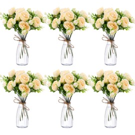 Thiccywoov 19 Pack Artificial Peony Flowers with Vase Bulk, 12 Bundles Silk Peony Bouquet 6 Plastic Clear Vase with 1 Pcs Rope, Table Centerpiece Arrangement Decoration Wedding Party(Champagne)