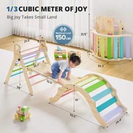 BlueWood BlueWood Pikler Triangle Set, Toddler Wooden Climbing Toys Indoor 7in1 Foldable Climber for Kids, Montessori Philosophy Play Jungle Gym with Arch, Ramp, Ladder (Colorful Spring)