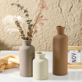 Vase Set of 3, Ceramic Vases Neutral Modern Vases Home Decor Rustic Farmhouse Decor Flowers Pampas Vase for Table Mantel Entryway Shelf Living Room Kitchen Bathroom - Brown