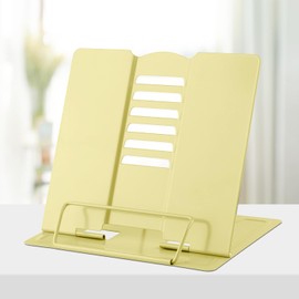 Honagu Book Stand Metal Desk Book Holder, Book Holders for Reading Hands Free, Adjustable Cookbook Documents Holder, Portable Bookstand for Music Books, Textbook, Recipe, Tablet, Ipad（Light Yellow）
