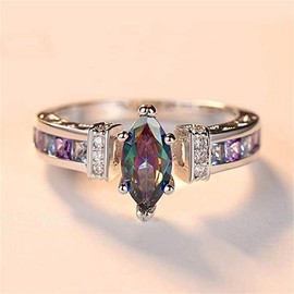 AZQ Women's Natural Rainbow Color Gemstone Ring 925 Sterling Silver Simulated Mystic Topaz Promise Ring Eternity Engagement Wedding Band Ring for Her (US Code 7)