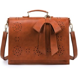 ECOSUSI Women's Briefcase Vegan Leather 15.6 inch Laptop Bag for Work Computer Shoulder Satchel Bag with Detachable Bow, Brown