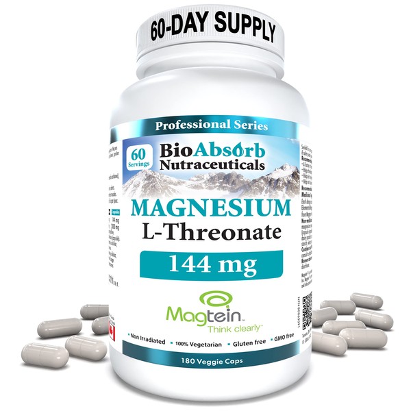 Magnesium L-Threonate - Magtein. 60-Day Supply. 144 mg of Elemental Magnesium L Threonate Per Serving. Made In Canada (180 Veggie Capsules)