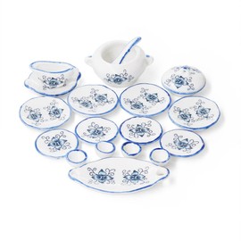 Odoria 1/12 Scale Miniature Dinnerware Set 17Pcs Dollhouse Accessories, Blue Petals