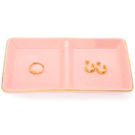 HANKOR Ceramic Jewelry Dish Tray, 2 Compartment Ring Dish, Decorative Trinket Tray for Rings, Earrings, Keys, Birthday Christmas Gifts, Pink