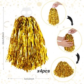 Thenshop Cheerleading Pom Poms 4 Pack Cheerleader Squad Spirited Fun Pompoms Cheer Hand Flowers Metallic Foil Pompoms for Adults Sports Meeting Team Spirit Cheering Party(Gold)