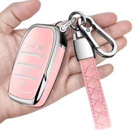 for Toyota Key Fob Cover with Metal Keychain & Leather Strap for 2025-2026 Camry 4 Runner 2019-2026 Venza, Land Cruiser,2023-2026 Tacoma Grand Highlander,Corolla,bZ4X,3-Buttons(Chalk Pink)