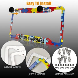 Autism Awareness License Plate Frame 2 Set Colorful Stitching Puzzle Pieces Aluminum Metal 4 Holes Novelty Licenses Plates Frames Licenses Plate Covers Car Tag Frame for Women Men US Vehicles