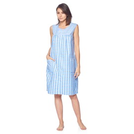 Casual Nights Women's Zipper Front House Dress Sleeveless Seersucker Housecoat Duster Lounger - Gingham Blue - 5X