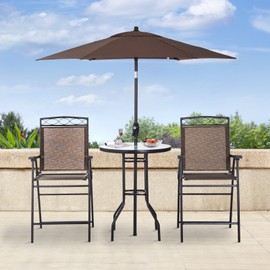 Outsunny 4 Piece Folding Outdoor Patio Pub Dining Table and Chairs Set with 6' Adjustable Tilt Umbrella