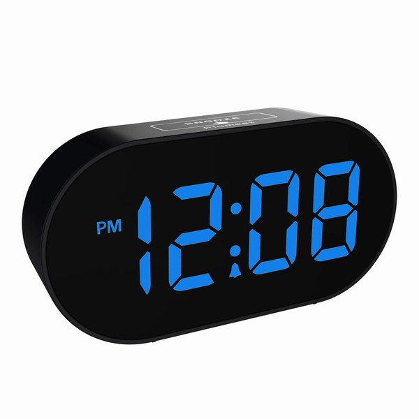 Plumeet - Reloj despertador digital LED con atenuador de brillo ajustable y volumen de alarma, visualización de dígitos azules de 12 a 24 horas, relojes para niños con puerto USB Snooze cargador de teléfono