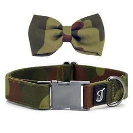 Ultra Joys Dog Collar with Bowtie - Soft Comfortable Cotton Fabric with Durable Metal Buckle in Camoflauge Design - Small Size Collar with Removable Bow Tie