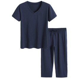 Latuza Women's Cotton Pajamas Set Tops and Capri Pants Sleepwear M Navy
