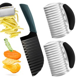 3 PCS Crinkle Cutter Knife, Crinkle Cut Knife for Veggies, Stainless Steel Wave Fries Cutter Slicer for French Fry, Potato, Cucumber, Carrot and Fruit (2 Styles)