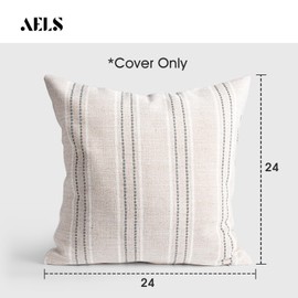 AELS 24x24 Decorative Farmhouse Linen Throw Pillow Covers, Boho Textured Pillow Case, Set of 2, Beige with White & Gray Stitch Yarn Dyed Stripe Cushion Cover for Sofa Couch Living Room (Cover ONLY)