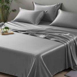 LINENWALAS Double Flat Sheet Only, 100% Organic Bamboo Silk Top Sheet, Flat Sheet for Double Size Bed, Soft, Breathable, Cooling, Luxury Bedding Flat Sheet (Light Grey, Double)