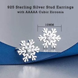 Zolkamery Christmas Silver Stud Earrings for Women Girls, 925 Sterling Silver Snowflake Studs Earring with Cubic Zirconia, 10mm Xmas Silver Cartilage Small Sleeper Stud Earrings Gift for Christmas Eve