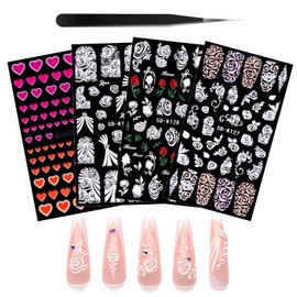 4 Sheets 5D Flower Nail Art Stickers Decals Embossed Hollow Exquisite Pegatinas Uñas 3D Self Adhesive White Lace Floral Leaf Feather Nail Accessories for Acrylic Nail Design Women Manicure Decor SET-7