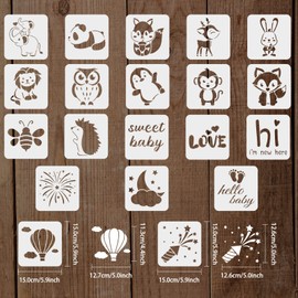 FINGERINSPIRE 20 Styles Baby Shower Stencils 15 x 15 cm Elephant Deer Rabbit Monkey Lion Craft Stencils Fireworks Moon Stencil Word for Painting on Scrapbook Fabric Tiles Furniture Wood Wall