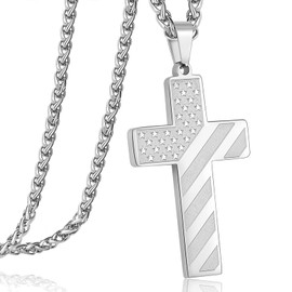 DuoDiner Silver Cross Necklace Pendant for Men Boys American Flag Chain First Communion Confirmation Baptism Christian Gifts Teen Teenage Boys (Joshua 1:9)