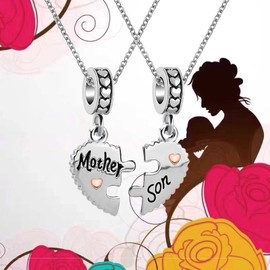 KunBead 18 inch Mother Son Necklace set Matching Puzzle Heart Birthday Charm Pendant Necklaces for Mom Mothers Day