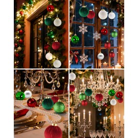 Velvet Christmas Tree Ornaments Balls- 36 Pcs 3 Size Shatterproof Xmas Ornaments Bulbs Decor Set- Multicolor Red/White/Green Hanging Flocked Decorations Assortment Bulk for Holiday Party Home Decor