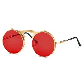Yvey Unisex Retro 80s/90s Flip-Up Round Sunglasses Steampunk Rave Shades with Double Lenses (Gold Frame/Red Lens)