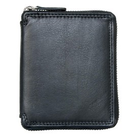FLW Men's Pocket Sized Metal Zip-around Black Genuine Leather Wallet (Zipper-around) - RFID
