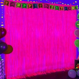 2Pack Glow in The Dark Foil Fringe Curtains, 6.6 x 6.6 ft Fluorescent Macaron Fuchsia Tinsel Backdrop, UV Reactive Neon Party Photo Booth Prop Streamers Birthday Wedding Blacklight Party Decorations