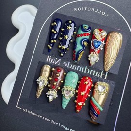 100% 5D Handmade Press on Nails with Heart Charms Long Stiletto Nails Press ons Gorgeous False Nails Rhinestones Press on Nails Handmade Nails for Women Girls Daily Wear DIY Manicure Size L