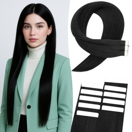 MY-LADY Extensions Tape Black 10 Pieces 40 cm Remy Invisible Hair Tape-In Hair Extensions Natural 15 g 16 Inches #01 Straight Real Hair Skin Weft Tape